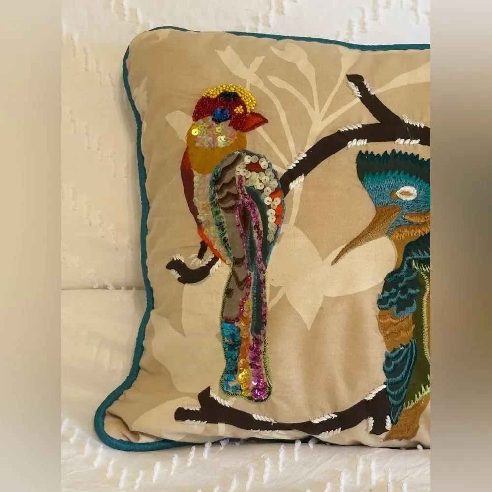Pier 1 Embroidered Sequins Birds Throw Pillow Zip Closure 13x28 Vibrant EUC